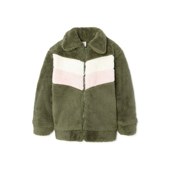 Wonder Nation Girls Plush Pink Green Soft Warm Winter Bomber Jacket SZ Medium - Picture 2 of 4
